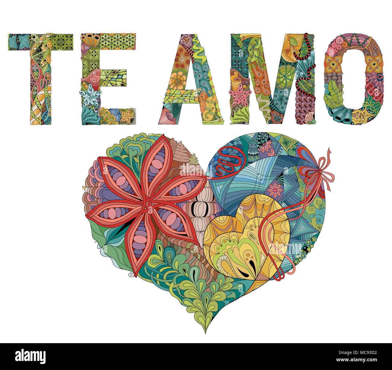 Words TE AMO with heart. I love you in Spanish. Vector decorative zentangle object Stock Vector