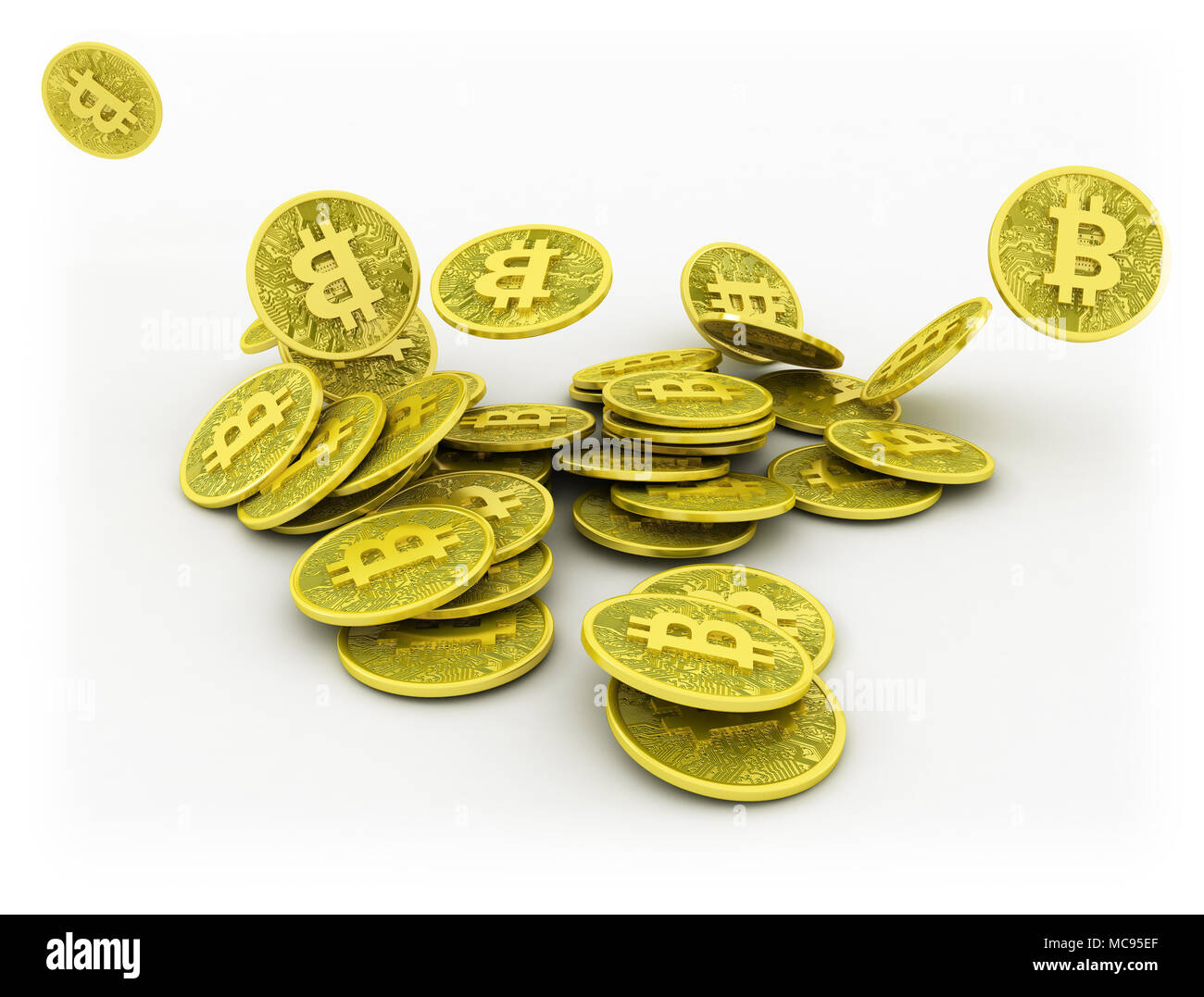 Falling bit coins on white background Stock Photo