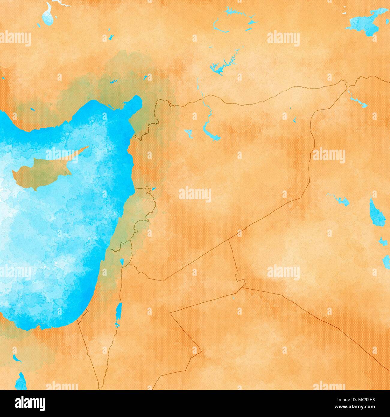 Map of Syria and borders, physical map Middle East, Arabian Peninsula, reliefs and mountains and Mediterranean Sea. Map on parchment. Hand drawn Stock Photo
