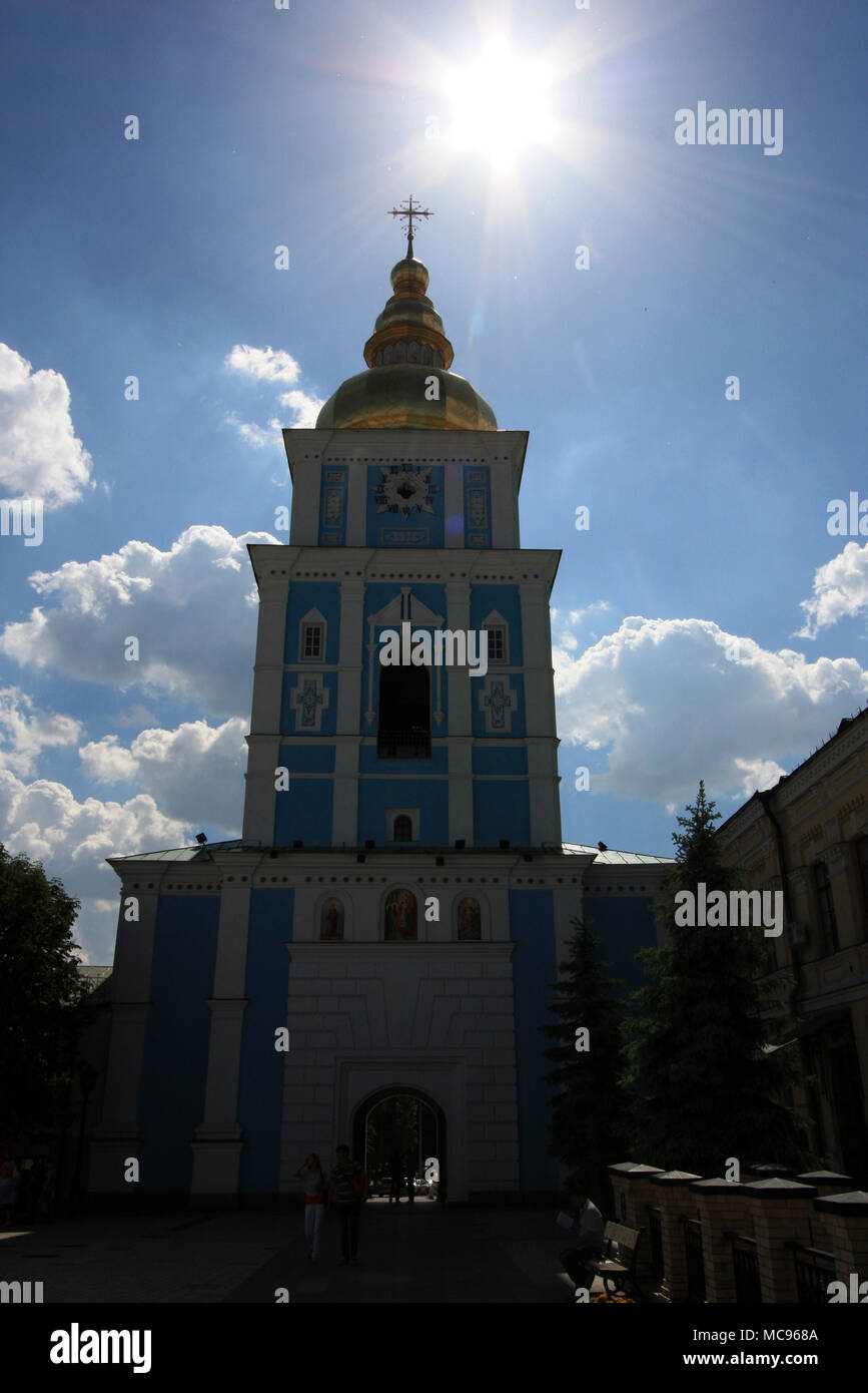 Backlit view of the belltower of the St. Michael's Golden-Domed Monastery in Kyiv, Ukraine Stock Photo