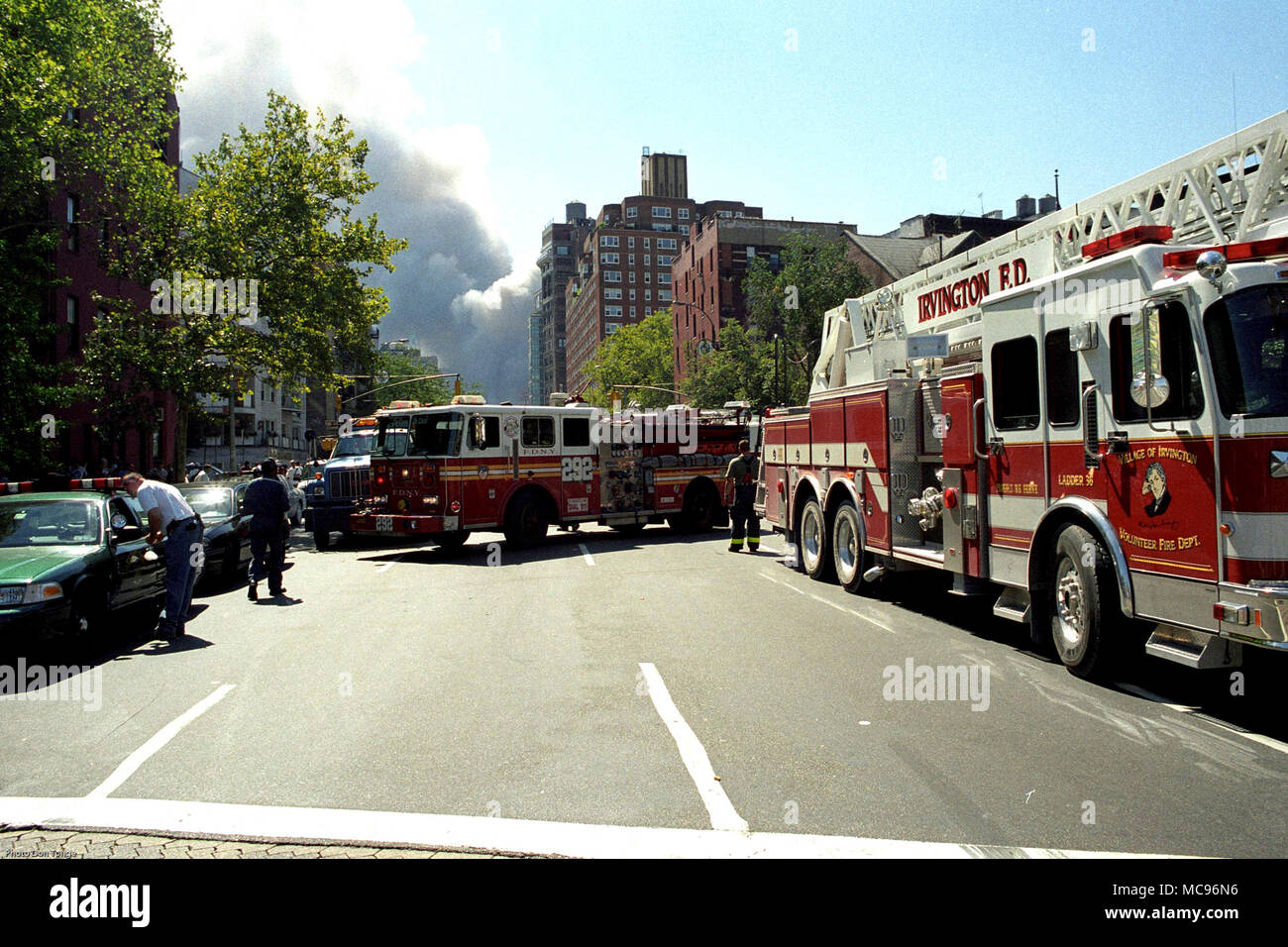 The Irvington Fire Department NYC on duty at the terrorist attack on The World Trade Center New York City on 9/11   photo DON TONGE Photographer Stock Photo