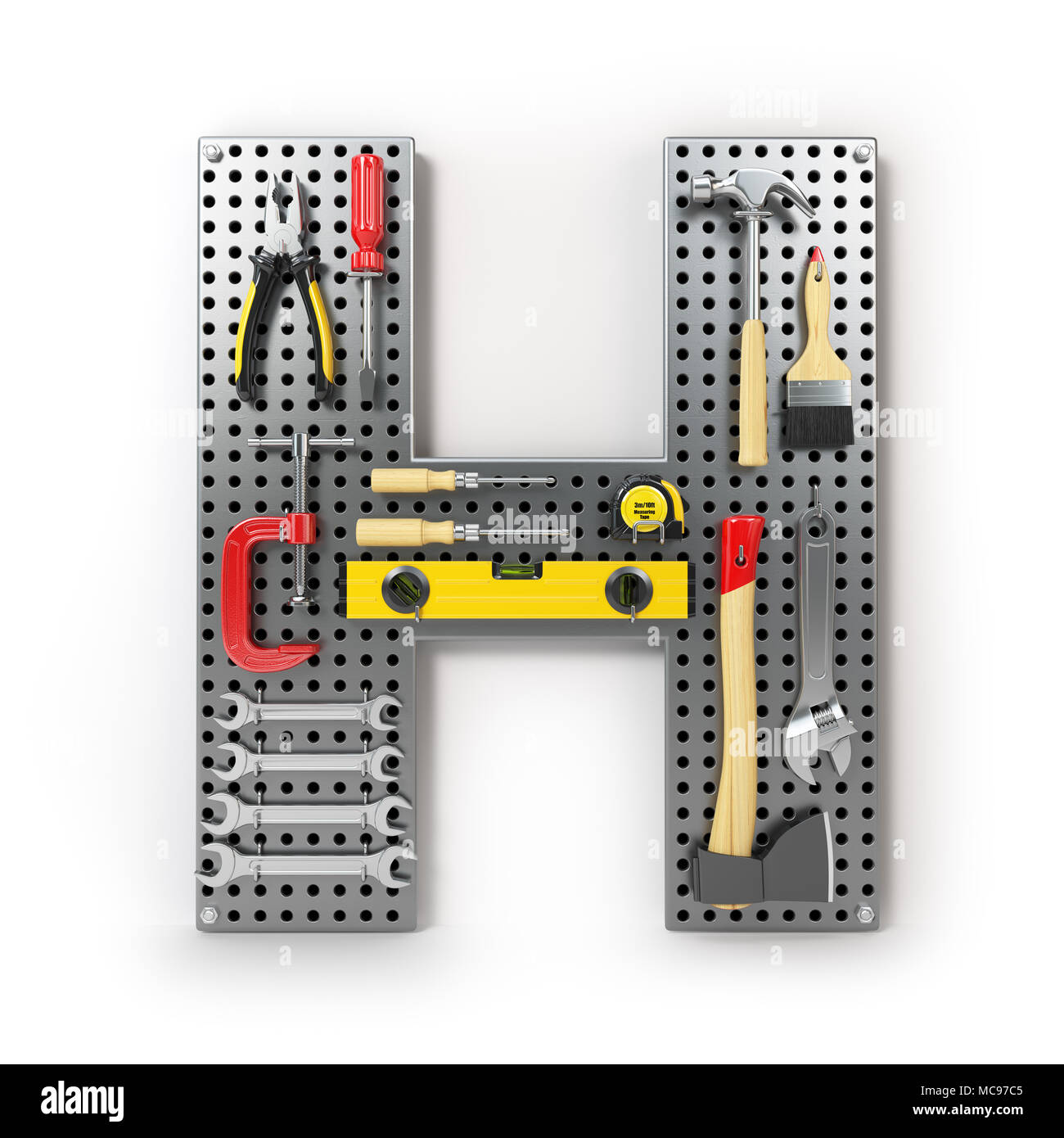 Letter H Alphabet from the tools on the metal pegboard isolated on white.  3d illustration Stock Photo