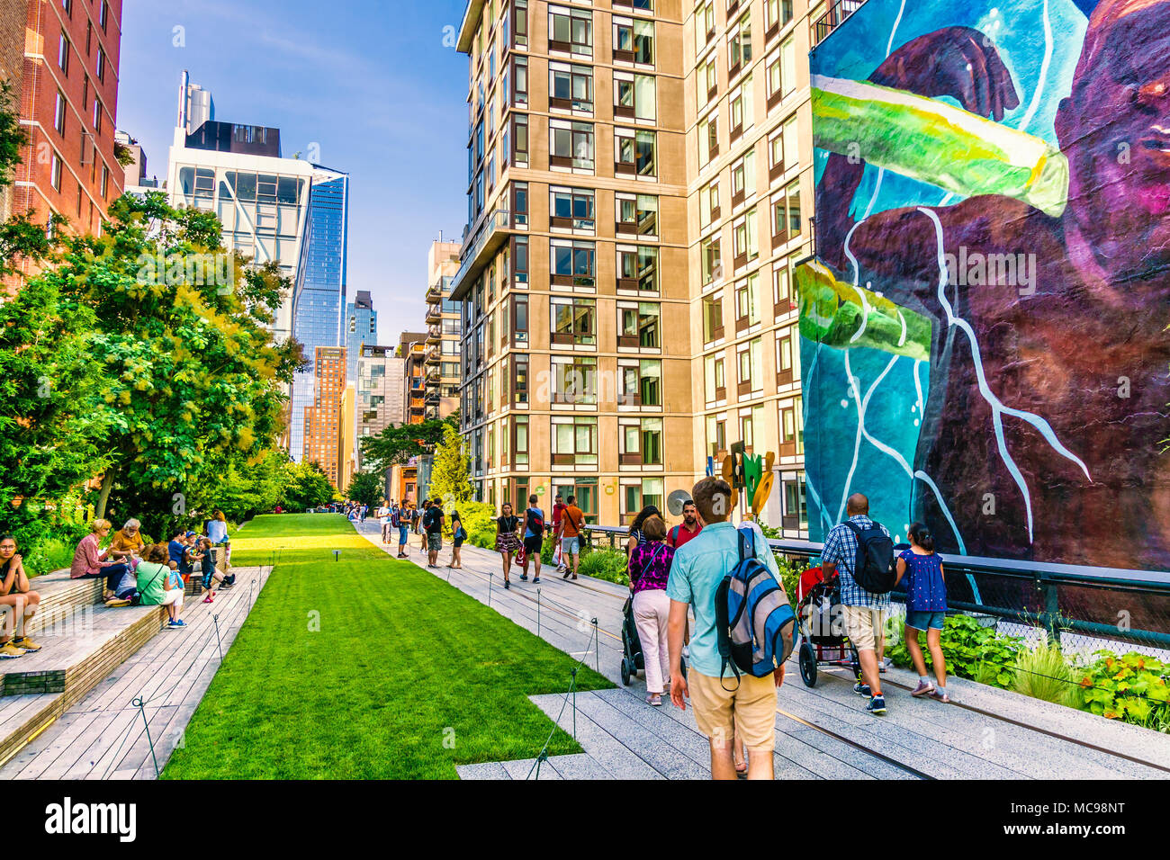 Manhattan, New York City - June 14, 2017: The High Line Park in Manhattan New York. The urban park is popular by locals and tourists built on the elev Stock Photo