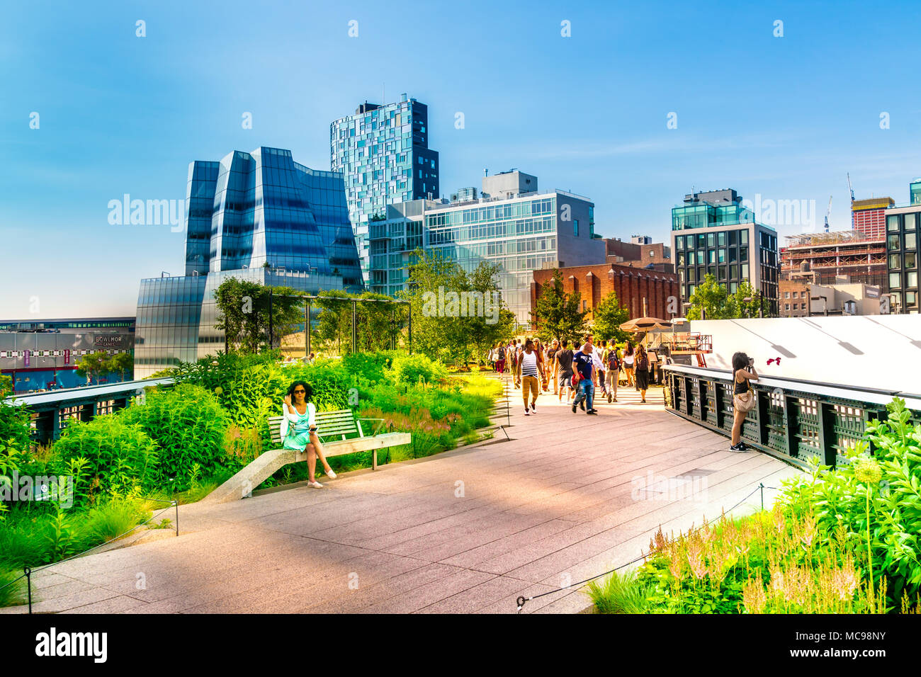 Manhattan, New York City - June 14, 2017: The High Line Park in Manhattan New York. The urban park is popular by locals and tourists built on the elev Stock Photo