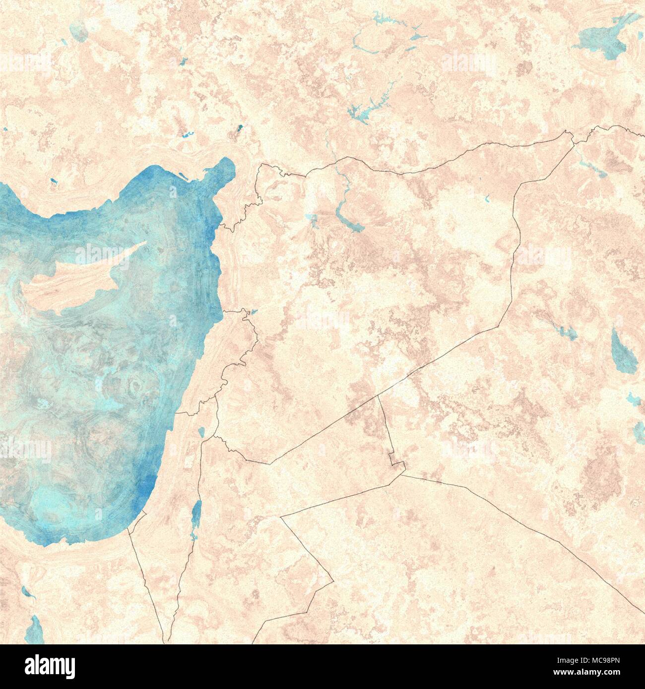 Map of Syria and borders, physical map Middle East, Arabian Peninsula, reliefs and mountains and Mediterranean Sea. Map on parchment. Hand drawn Stock Photo