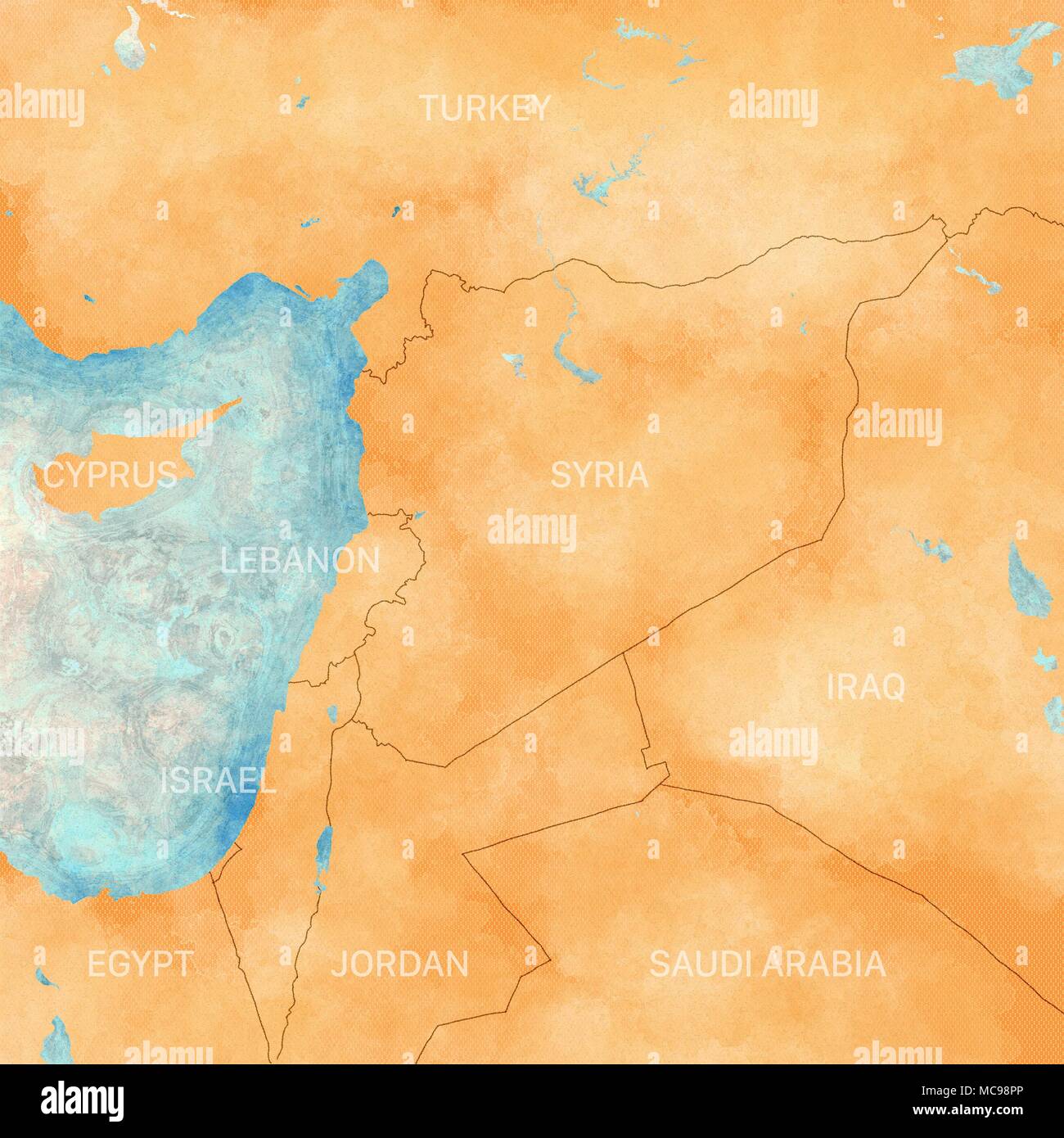 Map of Syria and borders, physical map Middle East, Arabian Peninsula, reliefs and mountains and Mediterranean Sea. Map on parchment. Hand drawn Stock Photo