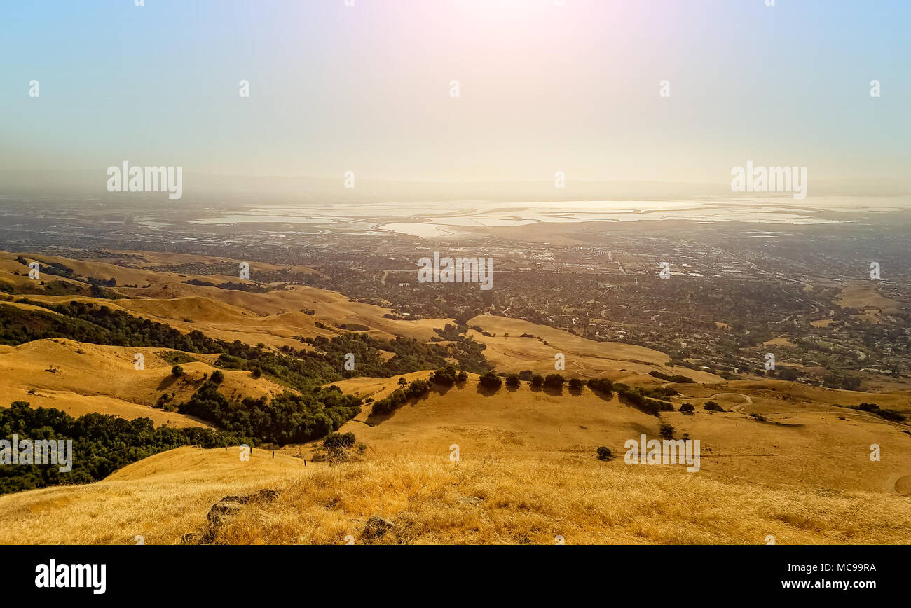 South East part of San Francisco Bay, also known as Silicon Valley, seen from Mission Peak on a hazy afternoon. Stock Photo