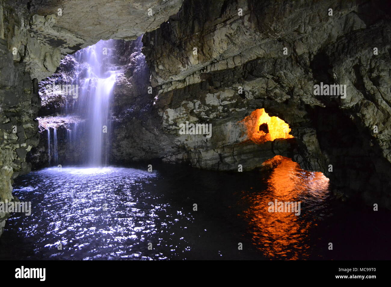 Waterfalls in Smoo Cave Durness, Scottish Highlands, UK Stock Photo