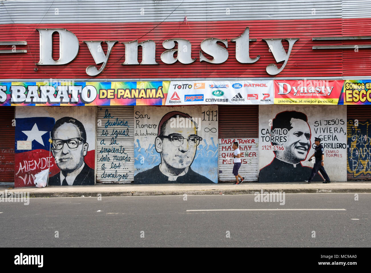 Panama City, Panama - march 2018: Political Graffiti, mural paintings and portraits of historical latin American people (Camilo Torres, Oscar Romero, Stock Photo