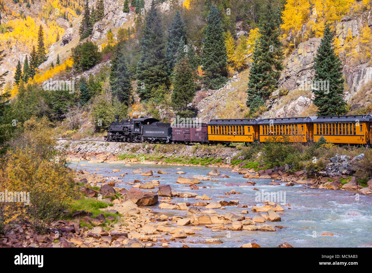Durango and Silverton Narrow Gauge Railroad historic scenic train ride from Durango to Silverton in Colorado. Stock Photo