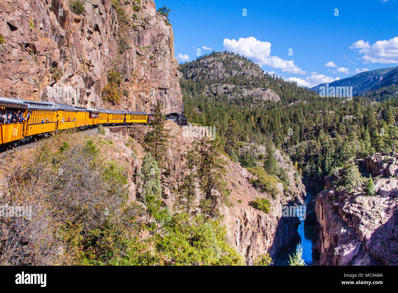 Durango and Silverton Narrow Gauge Railroad train going aroung ...