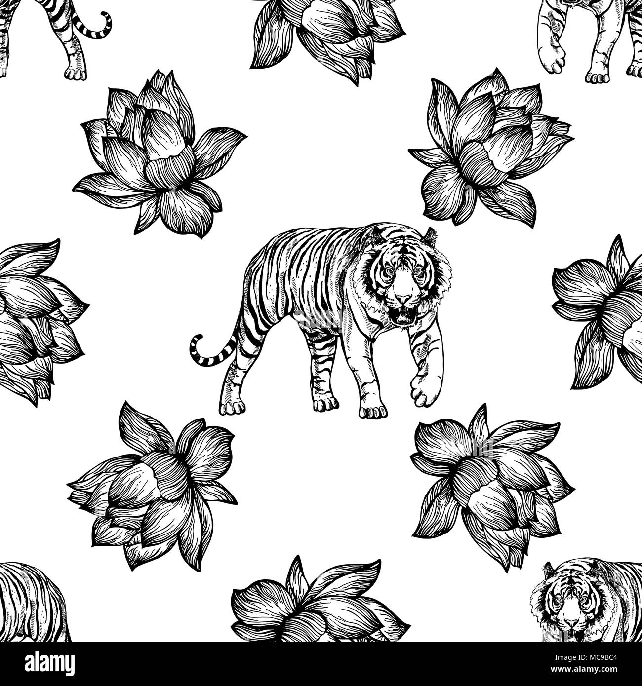 Seamless Pattern Of Hand Drawn Sketch Style Lotus Flowers And Tigers Isolated On White 