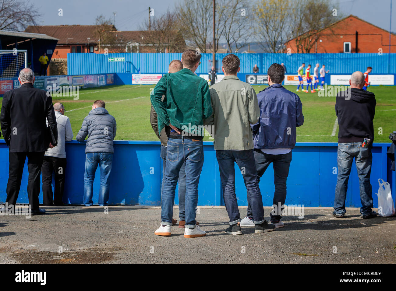 Warrington Town FC travelled to Throstle Nest, home of Farsley Celtic on 14 April 2018 to play in a top of the table clash. Supporters around the grou Stock Photo