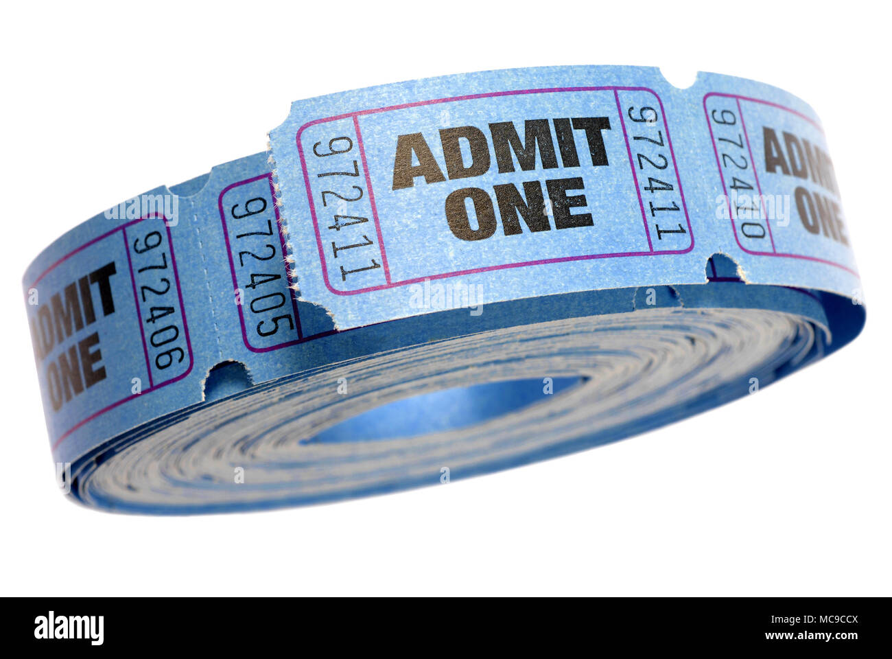 Roll of blue admit one tickets isolated on white background Stock Photo