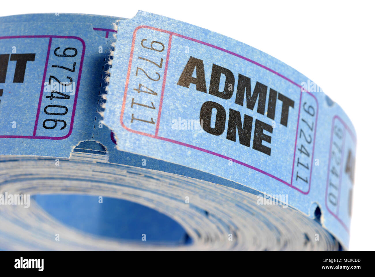 Roll of blue admit one tickets isolated on white background Stock Photo