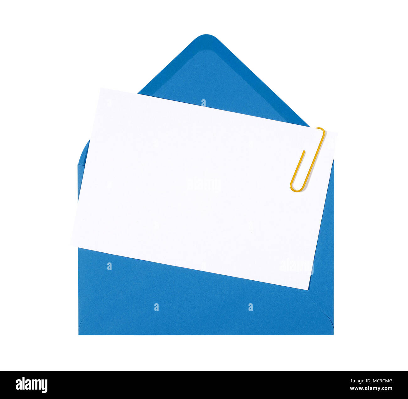 Blank birthday invitation card with blue envelope and yellow paperclip