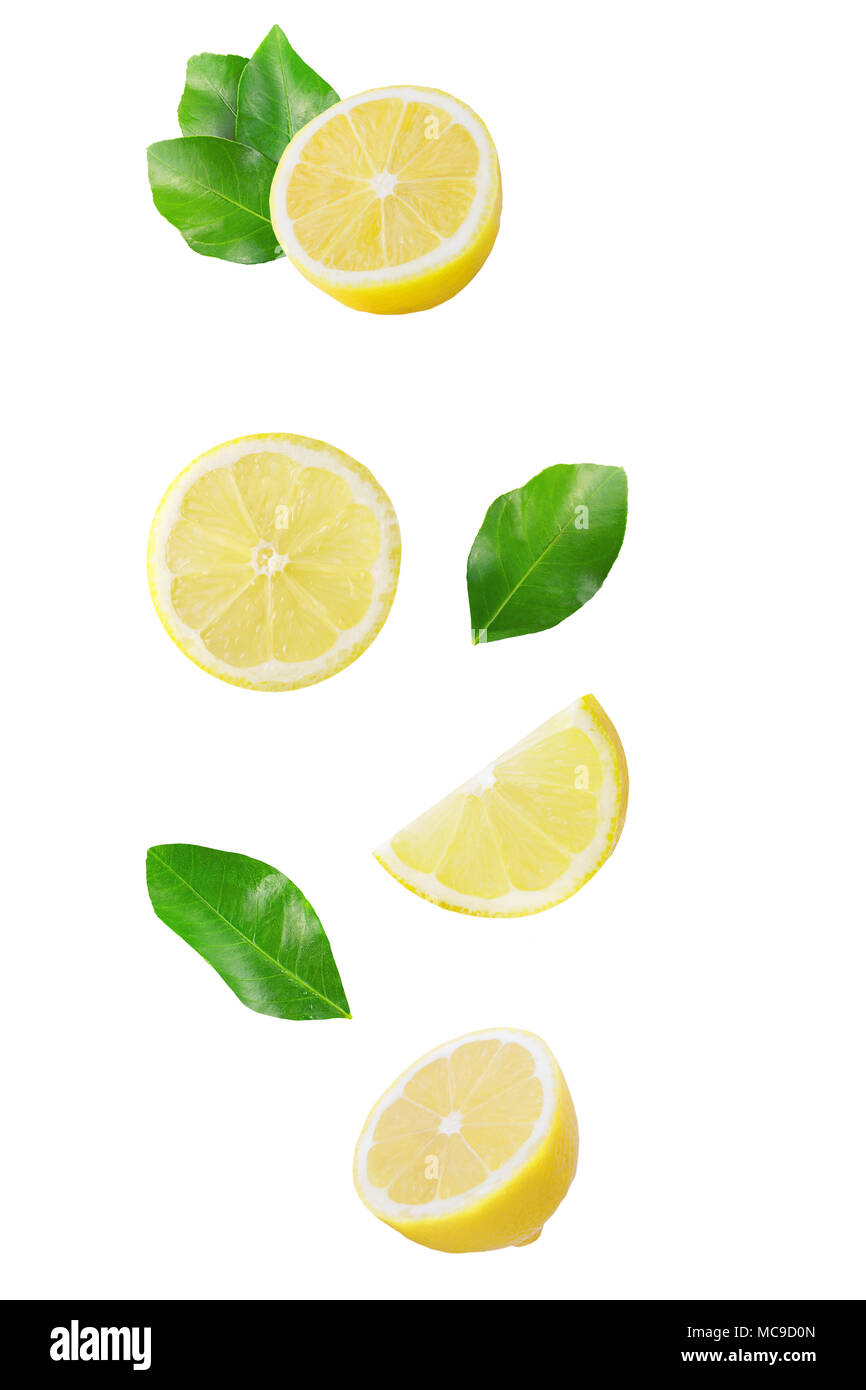 Isolated flying citrius. Falling fruit isolated on white background with clipping path as package design element and advertising. Stock Photo