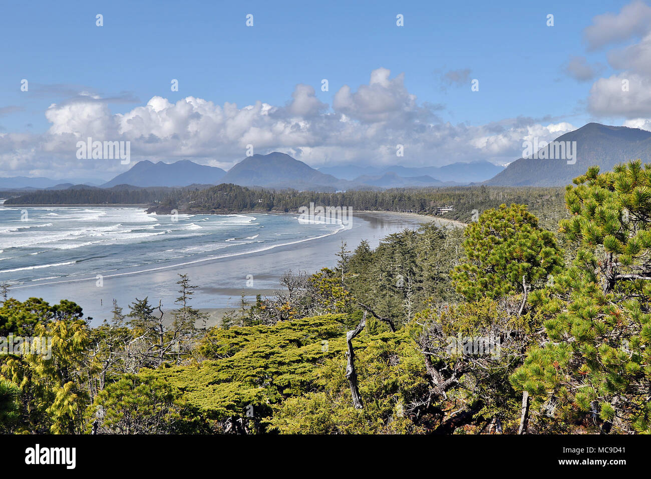Surfing beach at Cox Bay in Tofino, on the West Coast of Vancouver Island, British Columbia in Canada. Stock Photo