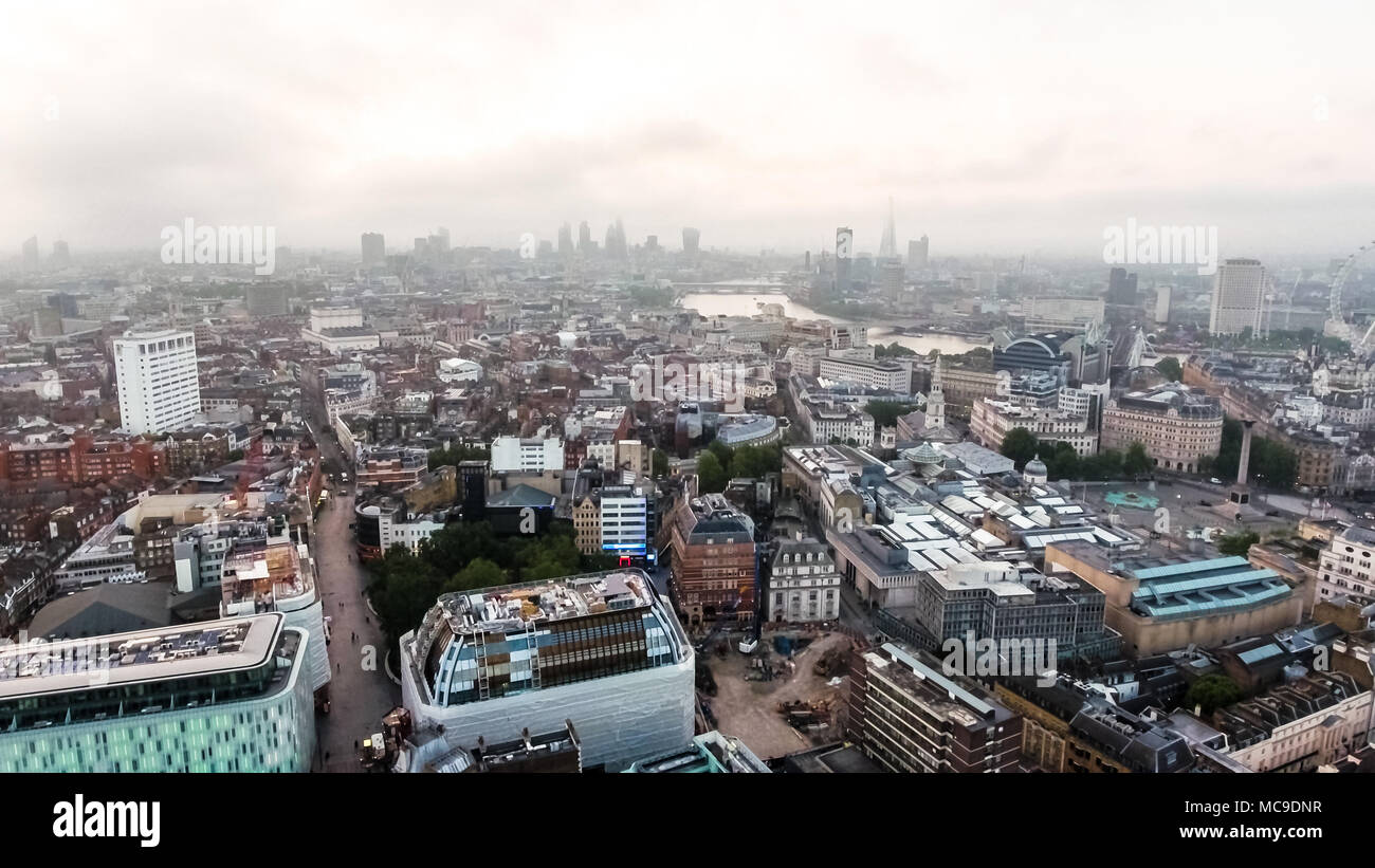 London Cityscape Town Centre Aerial View Skyline feat. Landmarks around Dawn Sunrise Time with Beautiful Sky Above Leicester Square and Covent Garden Stock Photo