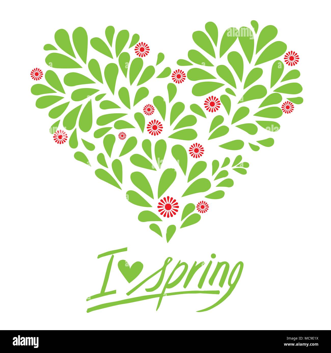 Handwritten inscription I love spring, with petals and heart shaped flowers, isolated vector on a white background Stock Vector