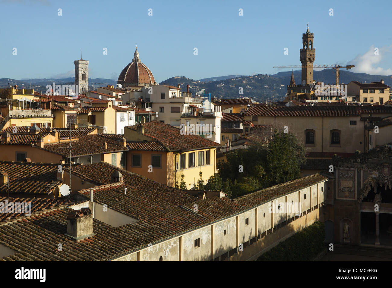 Campanile di Giotto (Giotto's Campanile) and the Florence Cathedral (Cattedrale di Santa Maria del Fiore) and the Palazzo Vecchio (from left to right) pictured from a window of the Palazzo Pitti in Florence, Tuscany, Italy. Stock Photo
