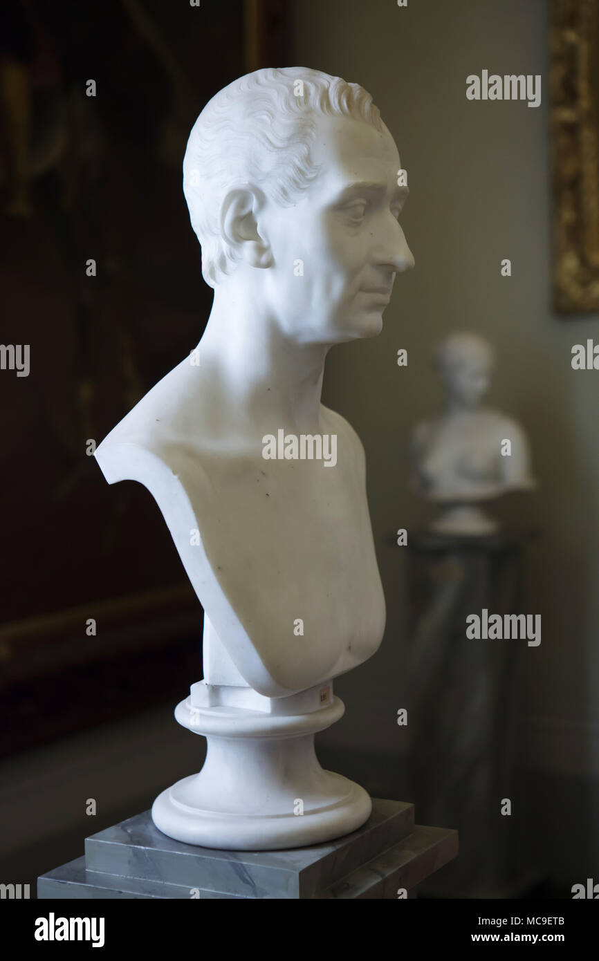 Marble bust of Nicola Demidoff (Nikolai Demidov) by an unknown sculptor from the 19th century on display in the Gallery of Modern Art (Galleria d'arte moderna) in the Palazzo Pitti in Florence, Tuscany, Italy. Count Nicola Demidoff was a Russian industrialist and art collector of the Demidov family. Stock Photo
