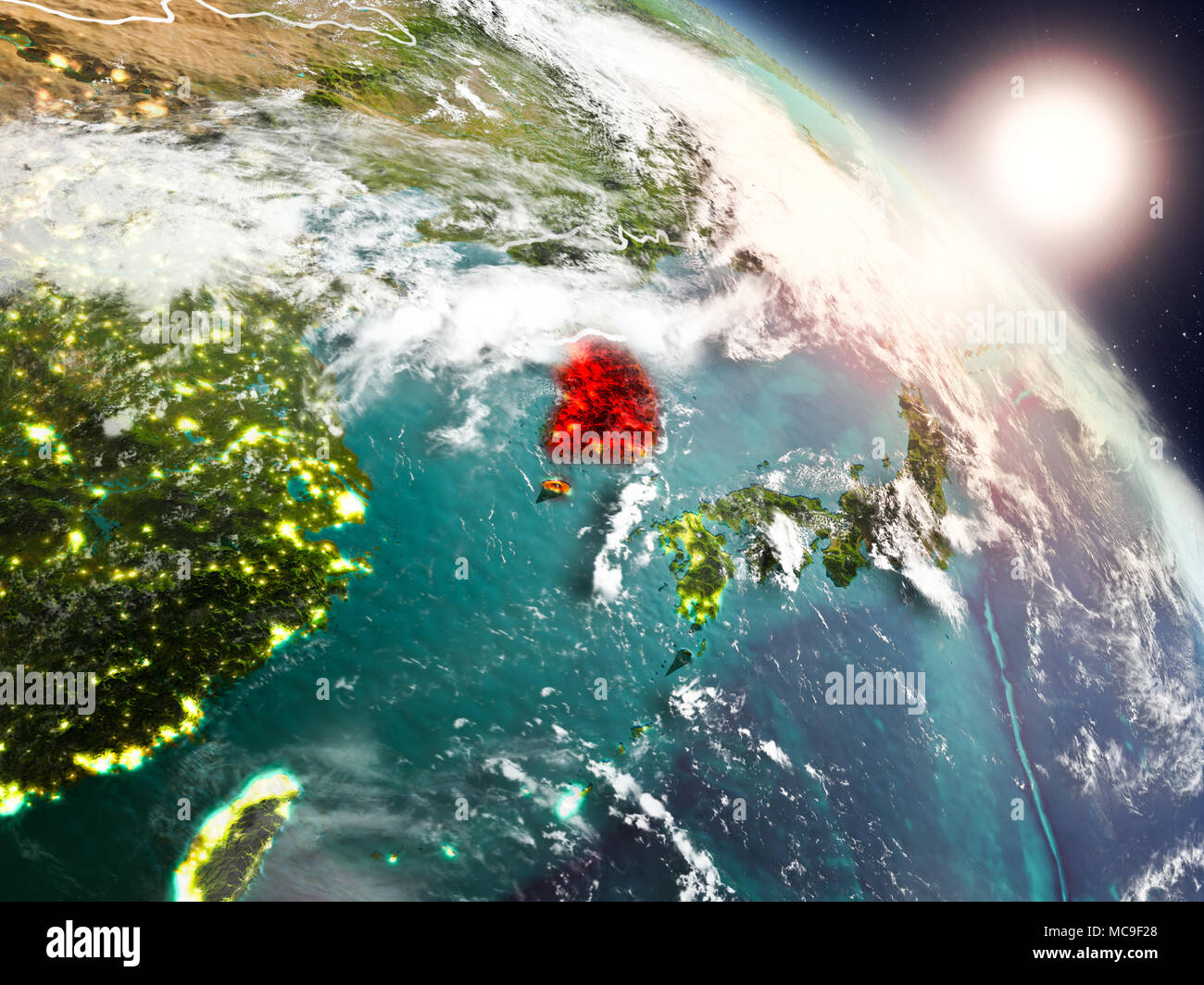 Sunset above South Korea from space on planet Earth with visible ...