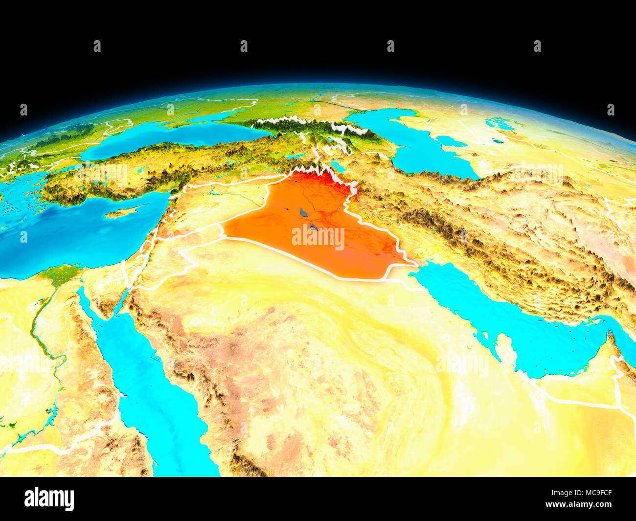 Satellite view of Iraq highlighted in red on planet Earth with borderlines. 3D illustration. Elements of this image furnished by NASA. Stock Photo