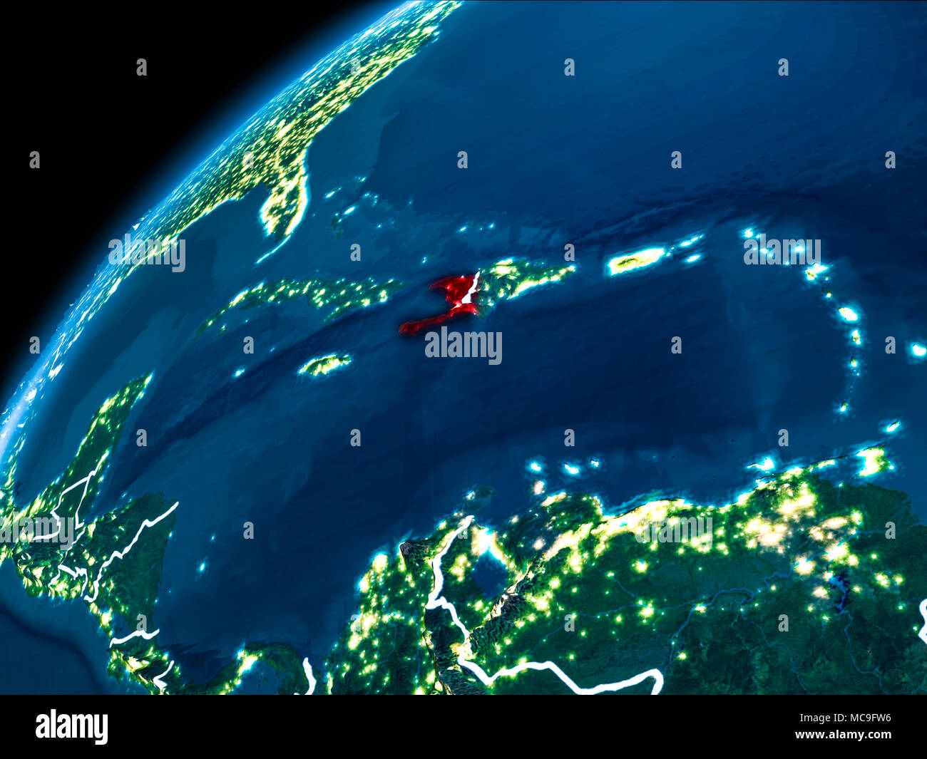 Haiti highlighted in red from Earth’s orbit at night with visible ...