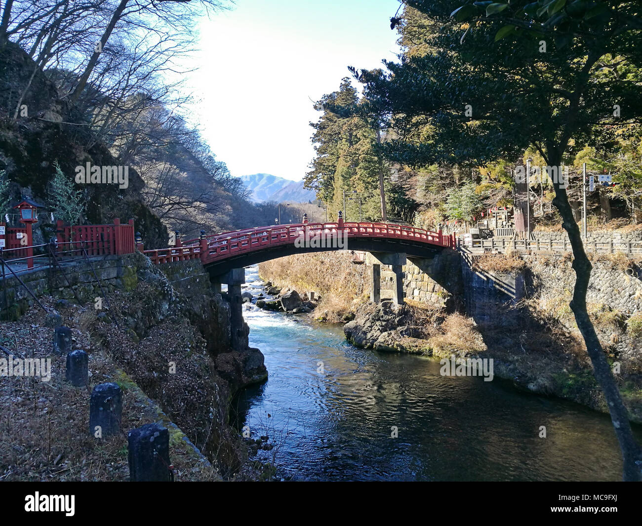 Famous red Shinkyo wooden bridge in Nikko Japan Stock Photo