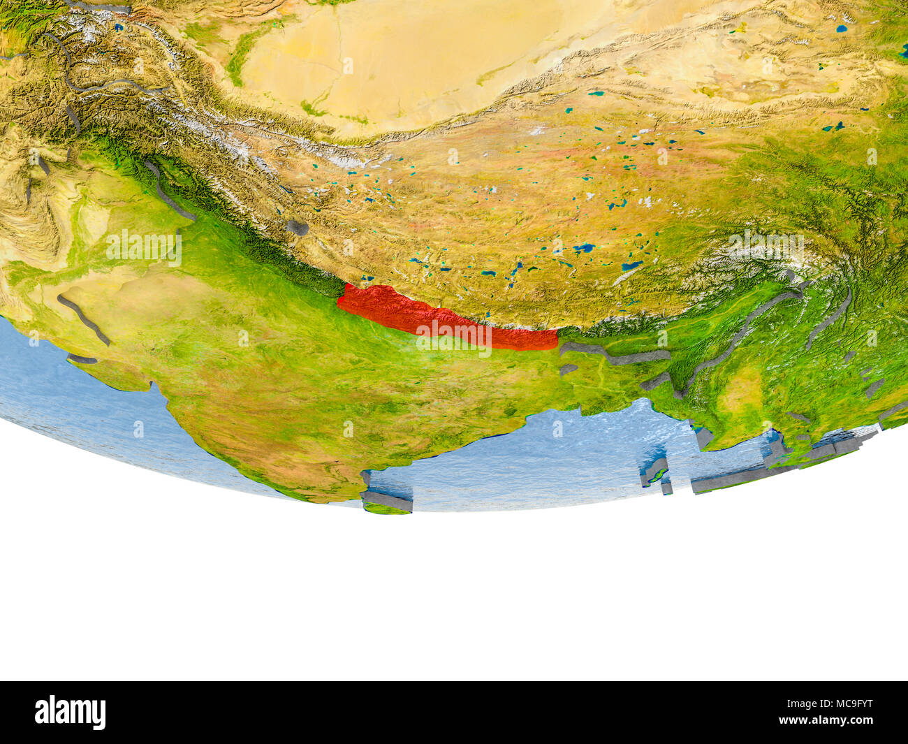 Nepal on 3D model of globe with real land surface, visible country ...