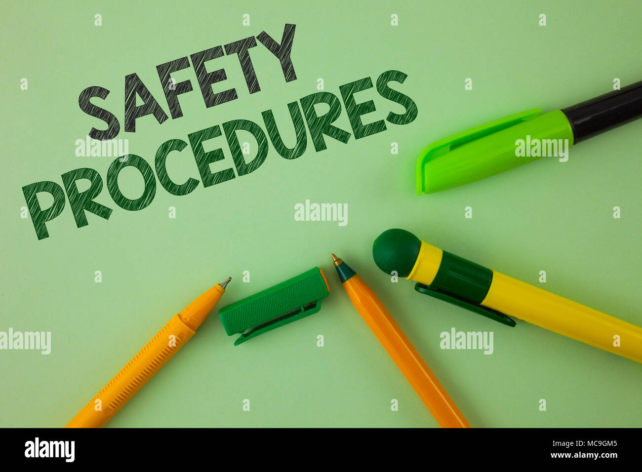 Handwriting Text Writing Safety Procedures Concept Meaning Follow Rules And Regulations For Workplace Security Written Plain Green Background Pens Ne Stock Photo Alamy