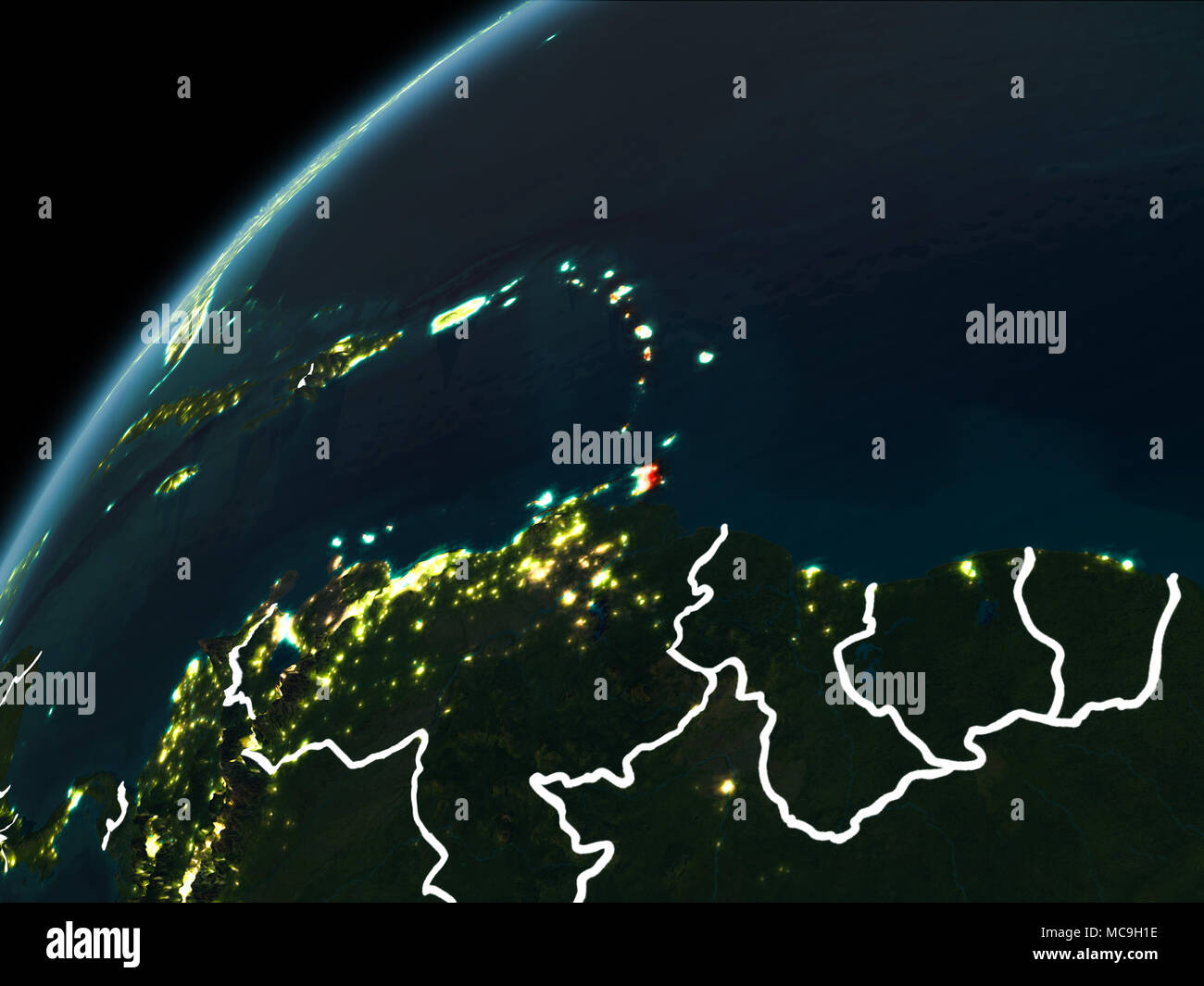 Caribbean in red on planet Earth at night with visible borderlines and ...