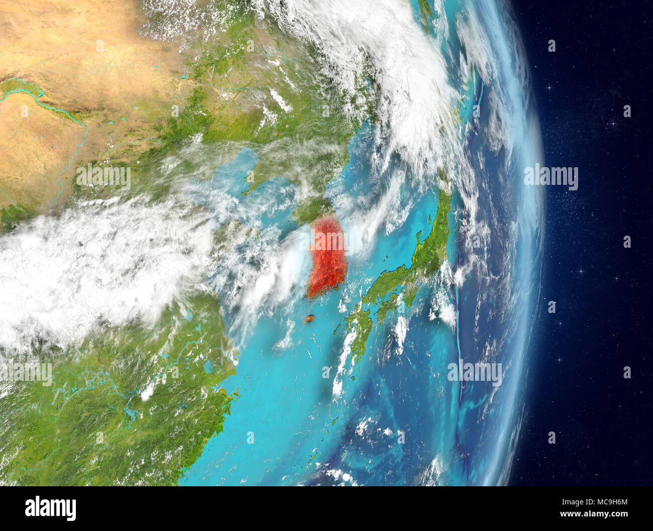 Space view of South Korea highlighted in red on planet Earth with ...