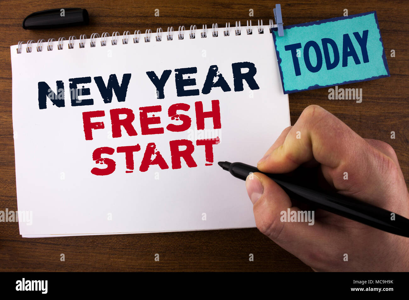 Handwriting Text Writing New Year Fresh Start Concept Meaning Time To Follow Resolutions Reach Out Dream Job Written By Man Notepad Holding Marker Wo Stock Photo Alamy