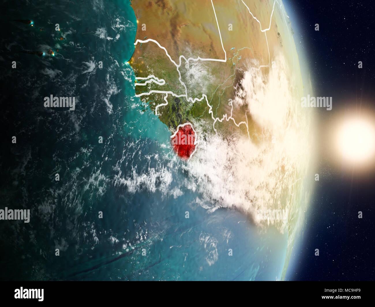 Sierra Leone during sunrise highlighted in red on planet Earth with ...