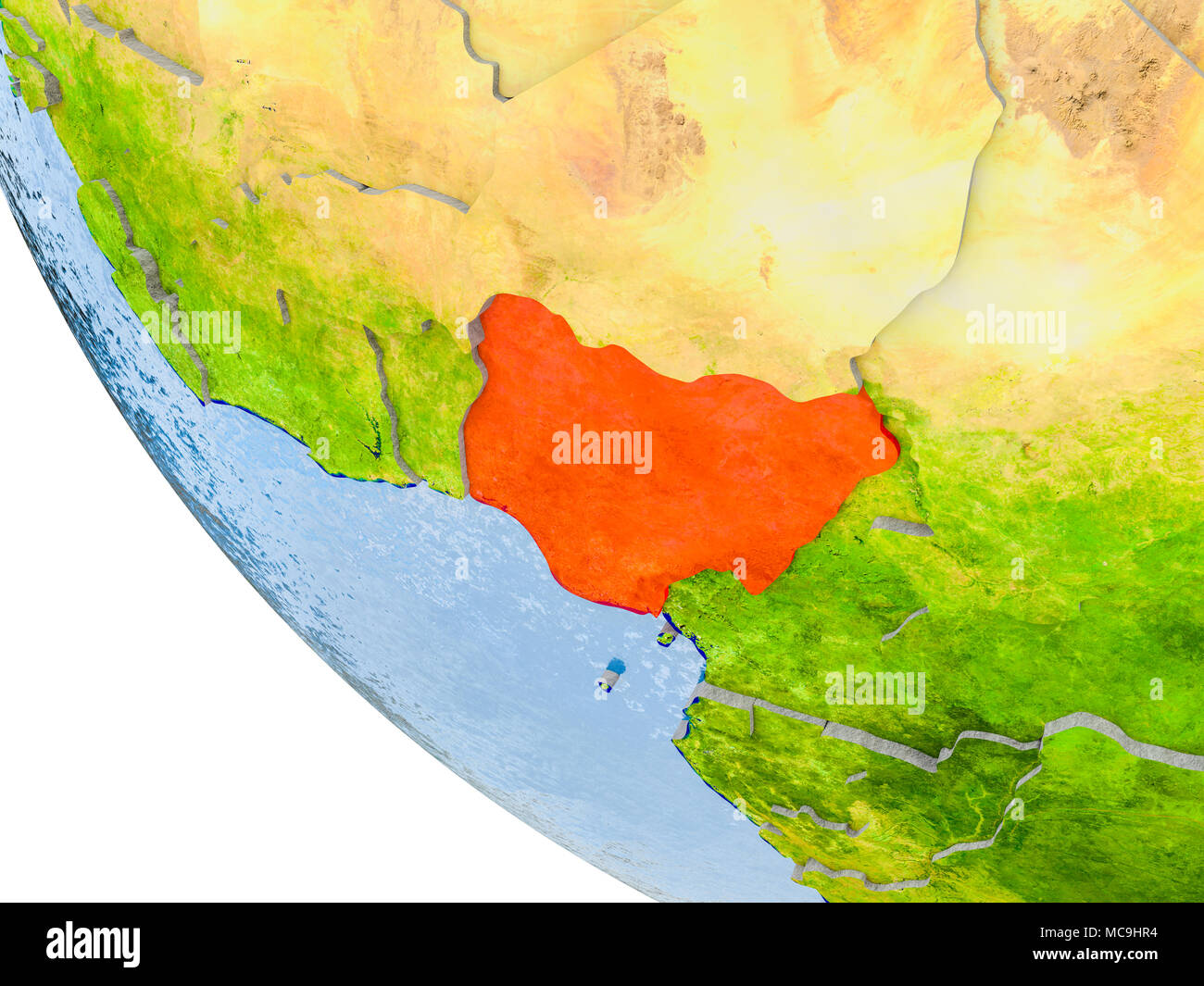 Map Of Nigeria In Red On Globe With Real Planet Surface Embossed Map Of Nigeria In Red On Globe With Real Planet Surface Embossed Countries With Visible Country Borders And Water In The Oceans 3d Illustration Ele MC9HR4