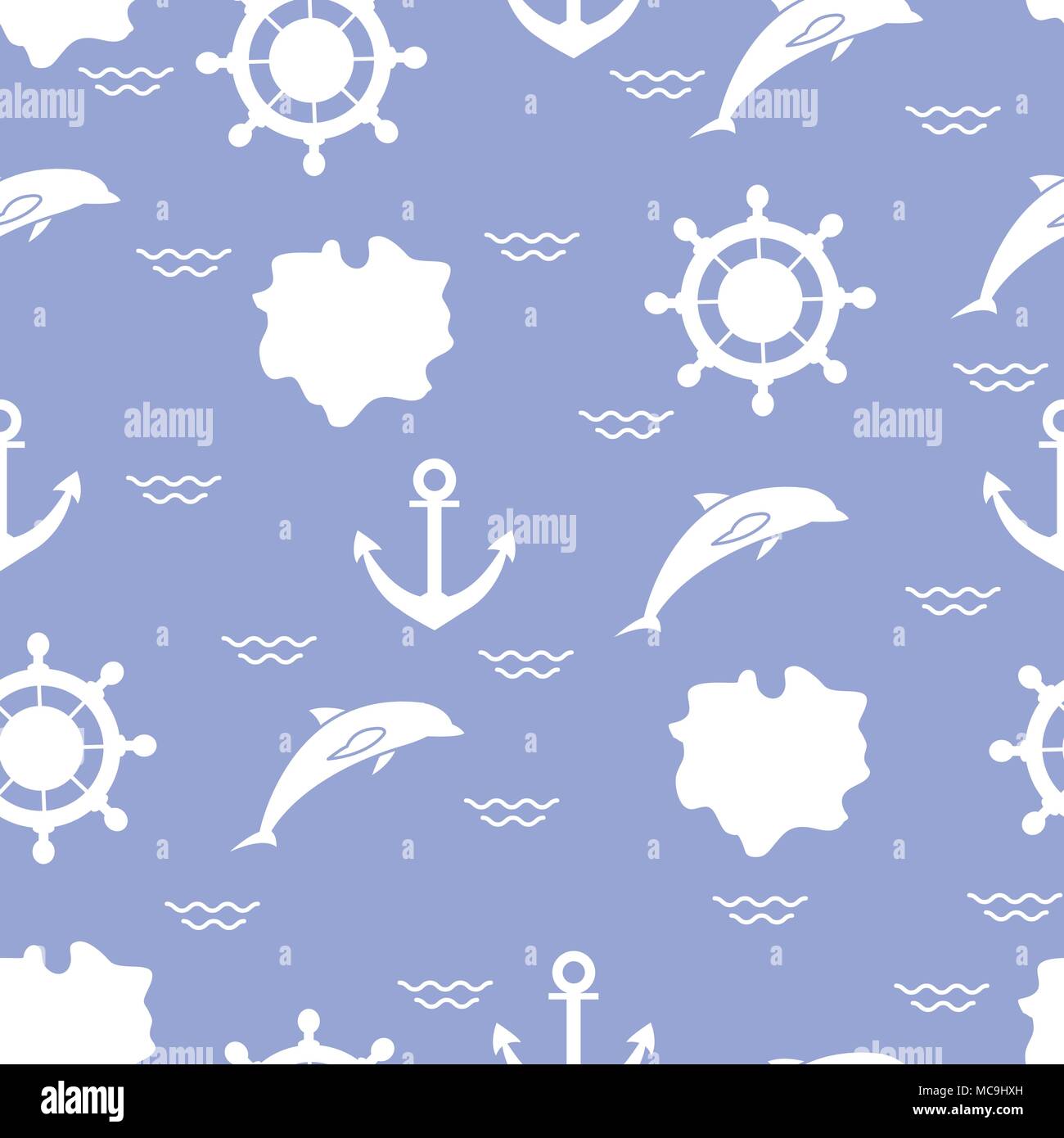 Seamless pattern with dolphins, anchors, steering wheels, waves, islands. Summer leisure. Stock Vector