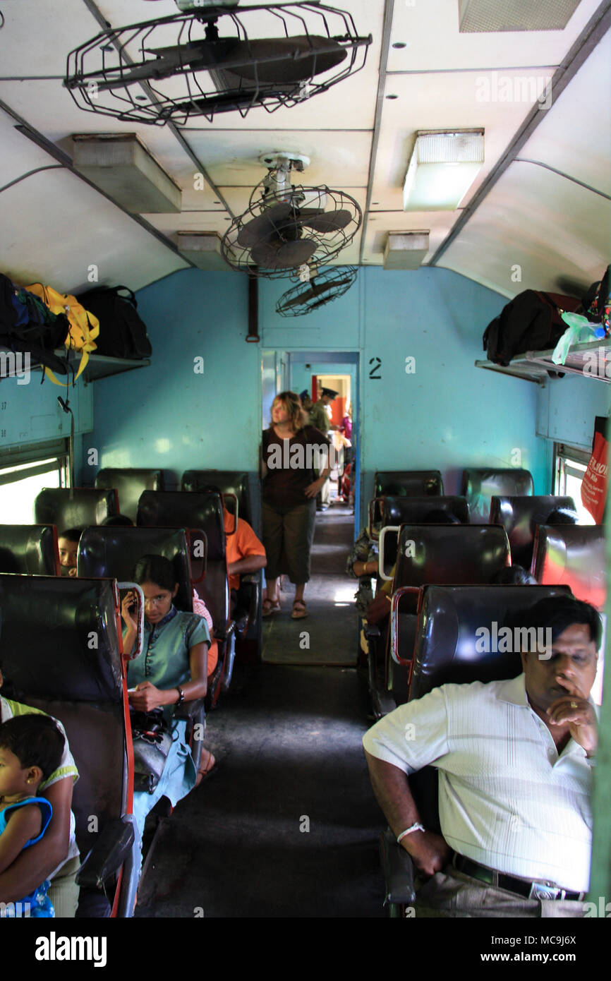 Inside a 2nd class railway carriage in Sri Lanka, taking the train ride from Ella to Kandy Stock Photo