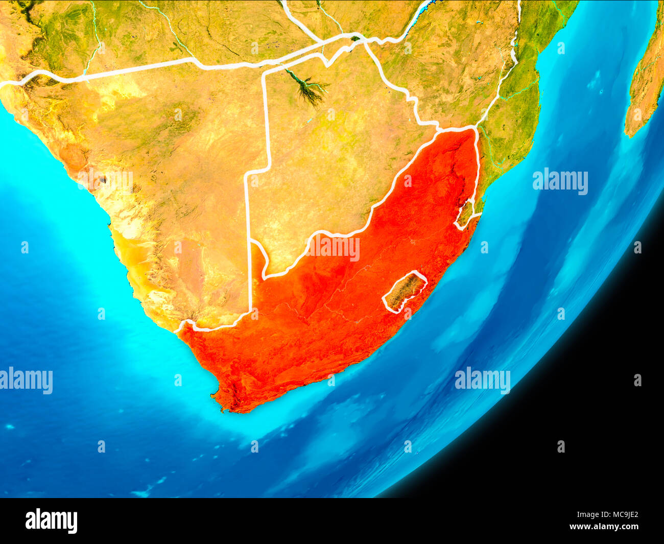 Map of South Africa in red as seen from space on planet Earth with ...