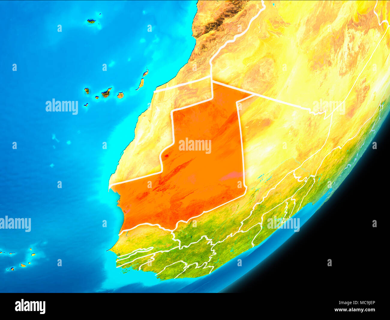 Map Of Mauritania In Red As Seen From Space On Planet Earth With White Map Of Mauritania In Red As Seen From Space On Planet Earth With White Borderlines 3d Illustration Elements Of This Image Furnished By Nasa MC9JEP