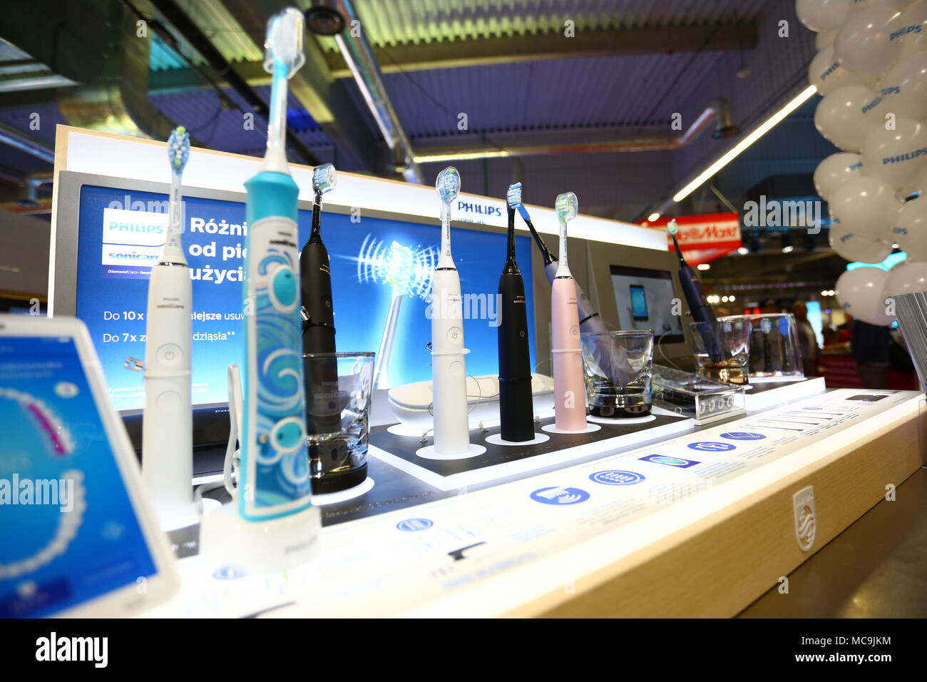 Nadarzyn, Poland. 13th Apr, 2018. Consumer Electronics Show started at PTAK Warsaw Expo center, presenting home appliances, shows and entertainment electronics. Credit: Madeleine Lenz/Pacific Press/Alamy Live News Stock Photo