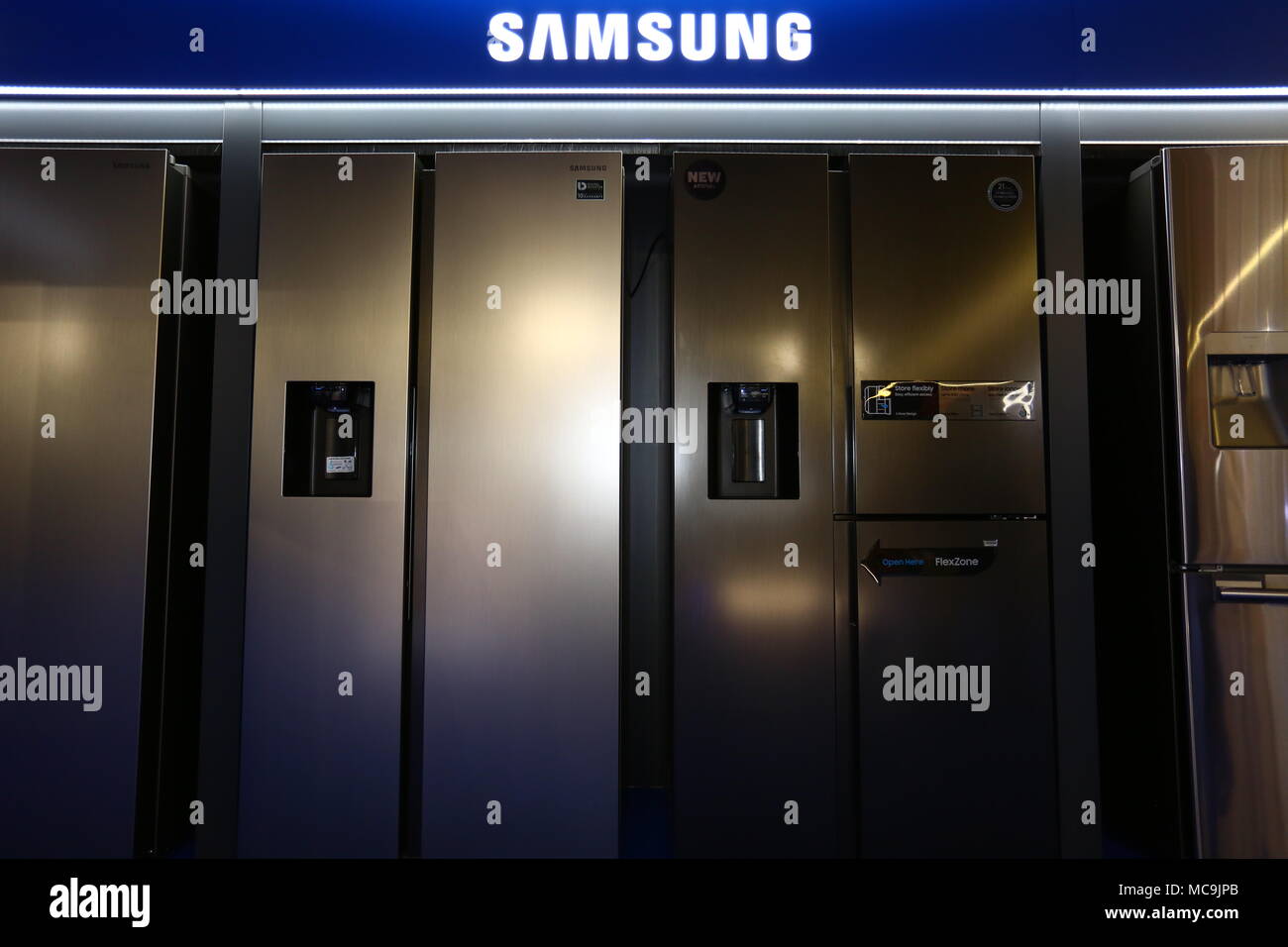 Nadarzyn, Poland. 13th Apr, 2018. Consumer Electronics Show started at PTAK Warsaw Expo center, presenting home appliances, shows and entertainment electronics. Credit: Madeleine Lenz/Pacific Press/Alamy Live News Stock Photo