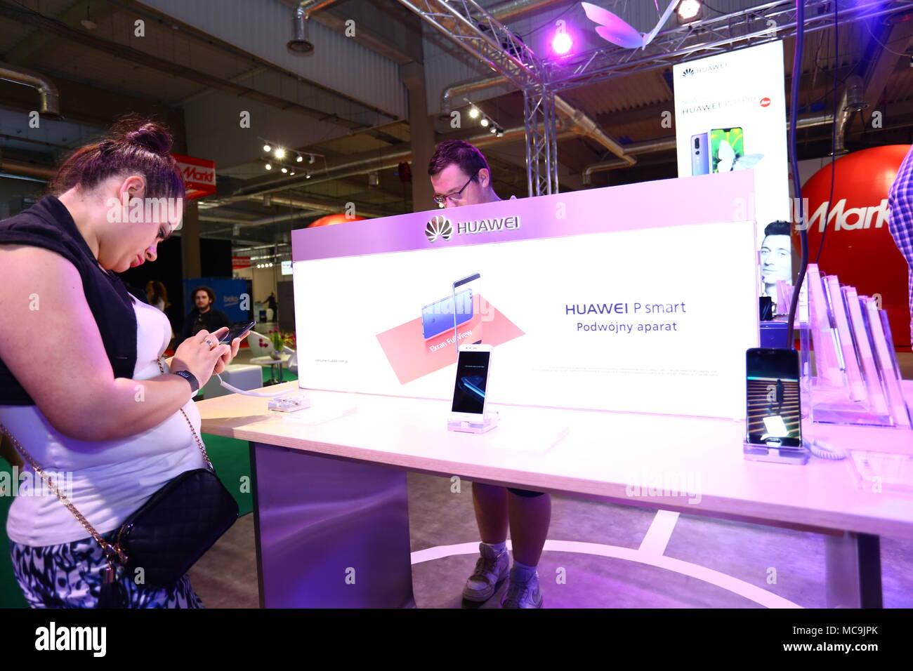 Nadarzyn, Poland. 13th Apr, 2018. Consumer Electronics Show started at PTAK Warsaw Expo center, presenting home appliances, shows and entertainment electronics. Credit: Madeleine Lenz/Pacific Press/Alamy Live News Stock Photo