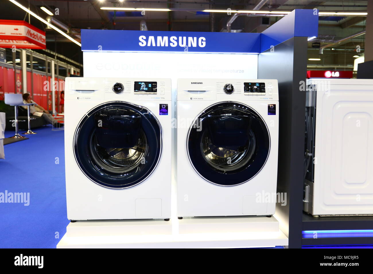 Nadarzyn, Poland. 13th Apr, 2018. Consumer Electronics Show started at PTAK Warsaw Expo center, presenting home appliances, shows and entertainment electronics. Credit: Madeleine Lenz/Pacific Press/Alamy Live News Stock Photo