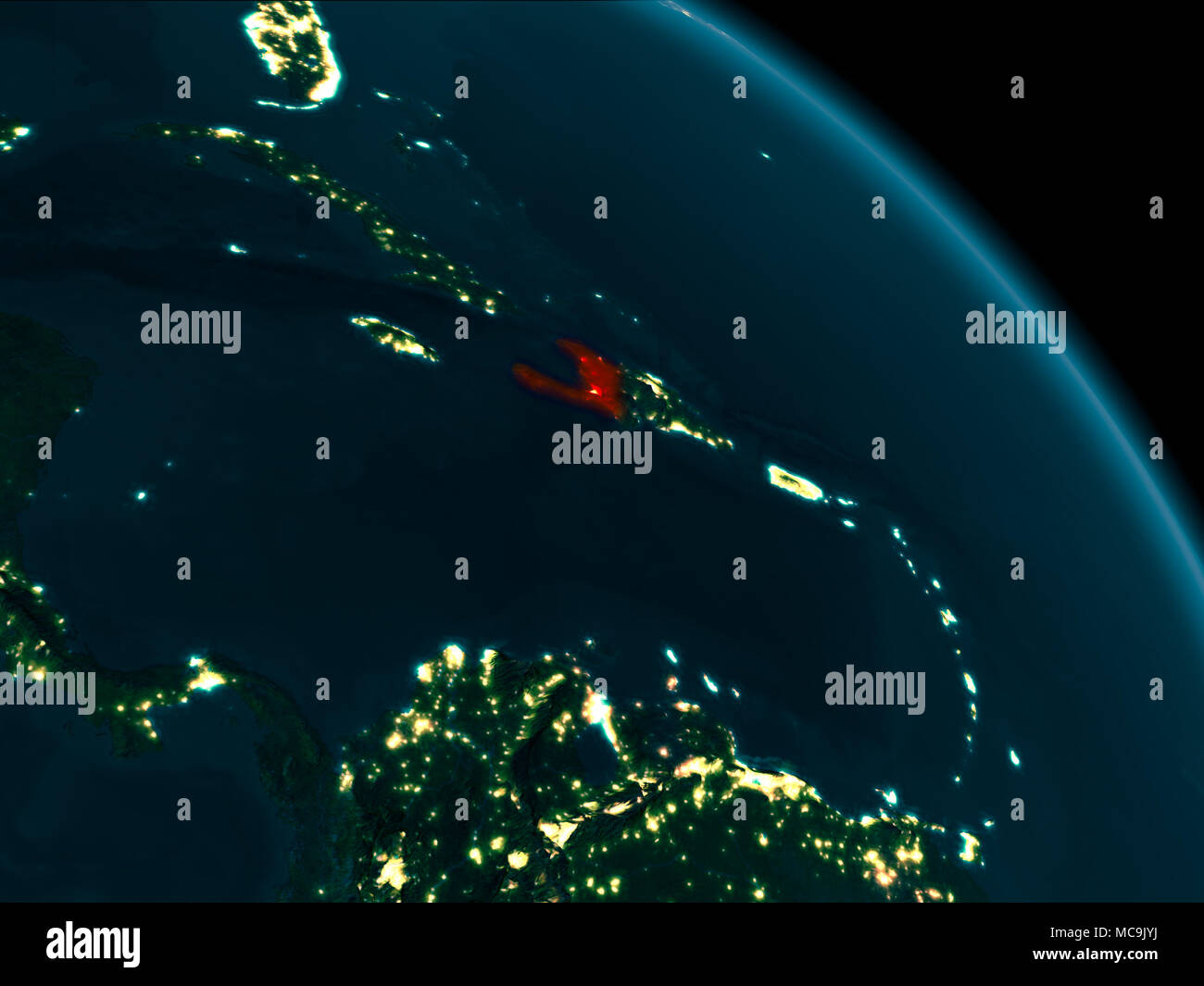 Orbit view of Haiti at night highlighted in red on planet Earth with ...