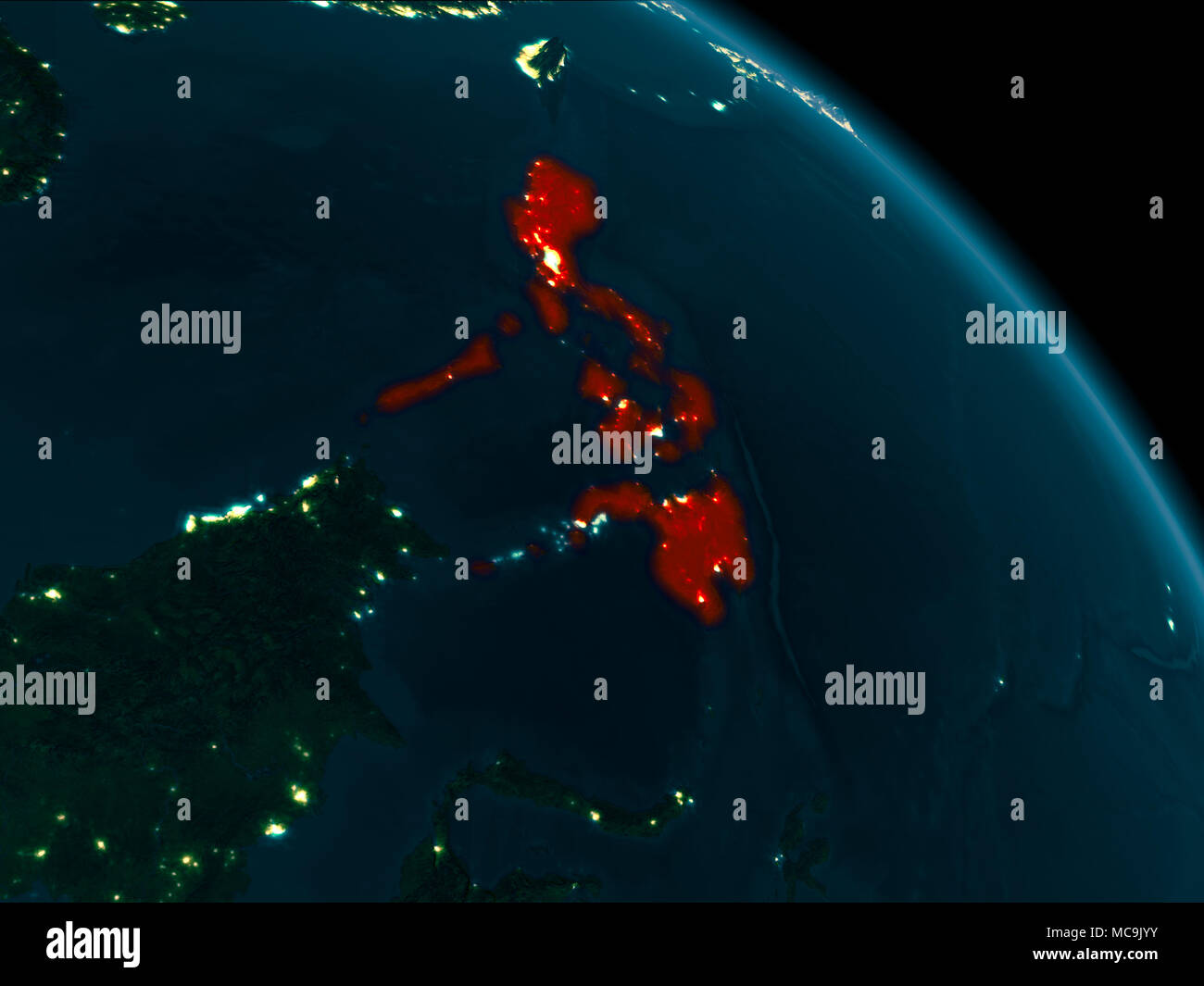 Orbit view of Philippines at night highlighted in red on planet Earth ...