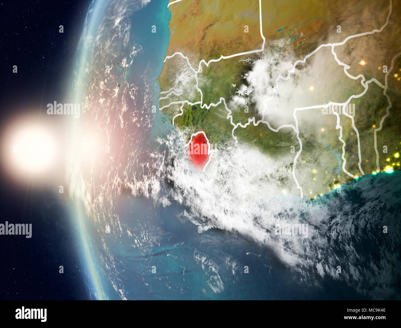 Satellite view of Sierra Leone highlighted in red on planet Earth with ...
