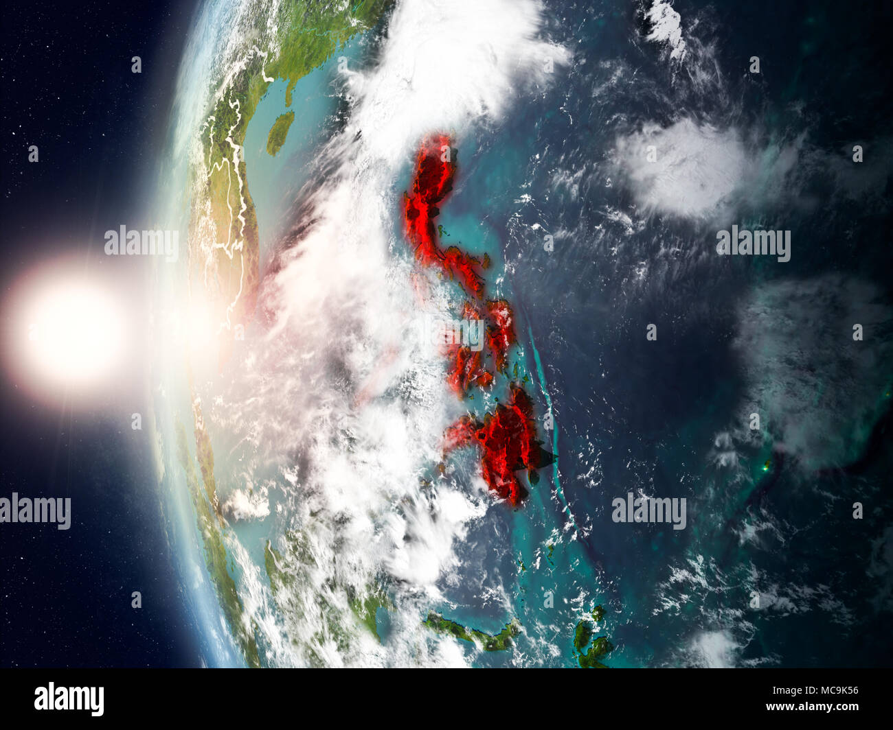 Satellite view of Philippines highlighted in red on planet Earth with ...