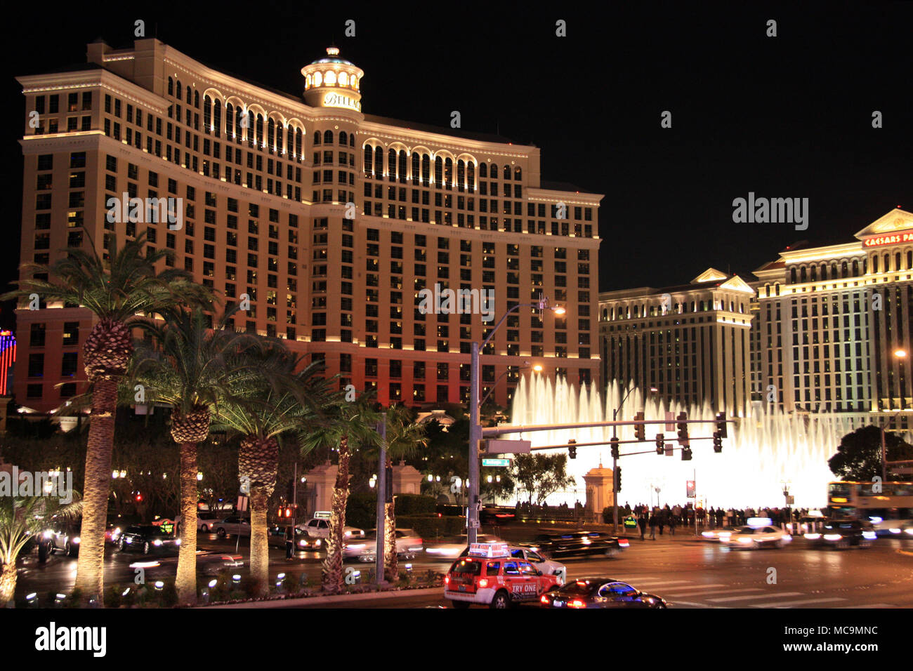 The Bellagio Hotel Resort and Casino and it's famous dancing water fountains as seen from across the Las Vegas Boulevard, Las Vegas, NV, USA Stock Photo